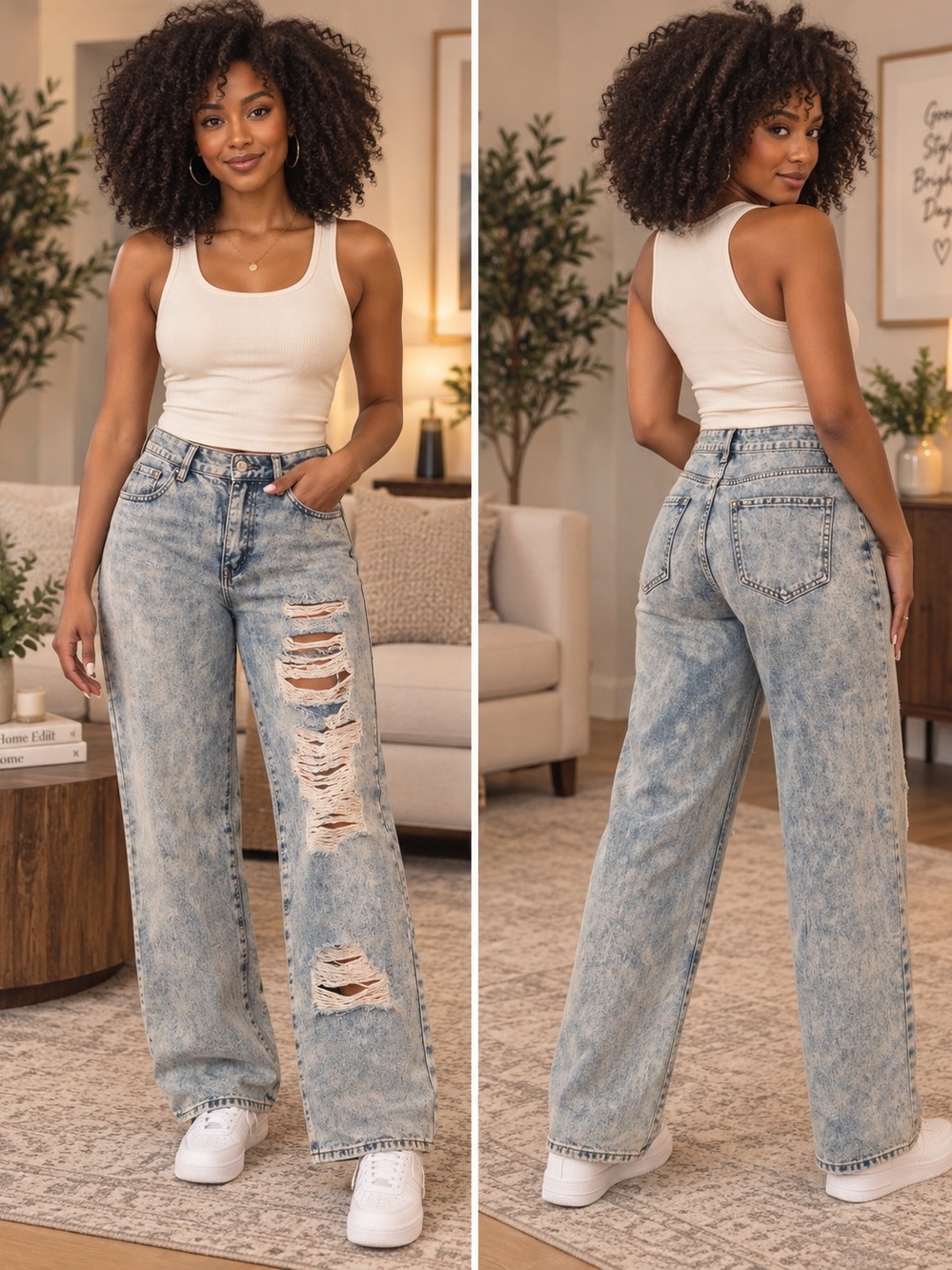 Fashion Nova Light Blue Acid Wash Ripped Wide-Leg Jeans